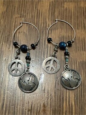 Boho Silver-Tone Peace & Earth Hoop Earrings - Unbranded